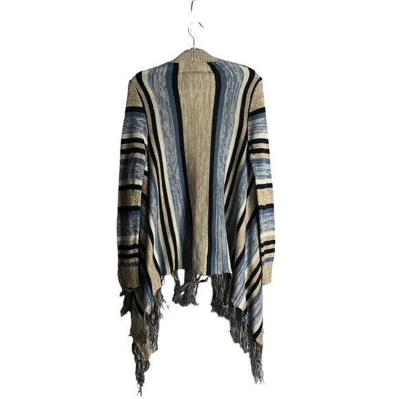 Majora Women's Tan/Blue Striped Open Front Fringed Knit Cardigan - Picture 9 of 10